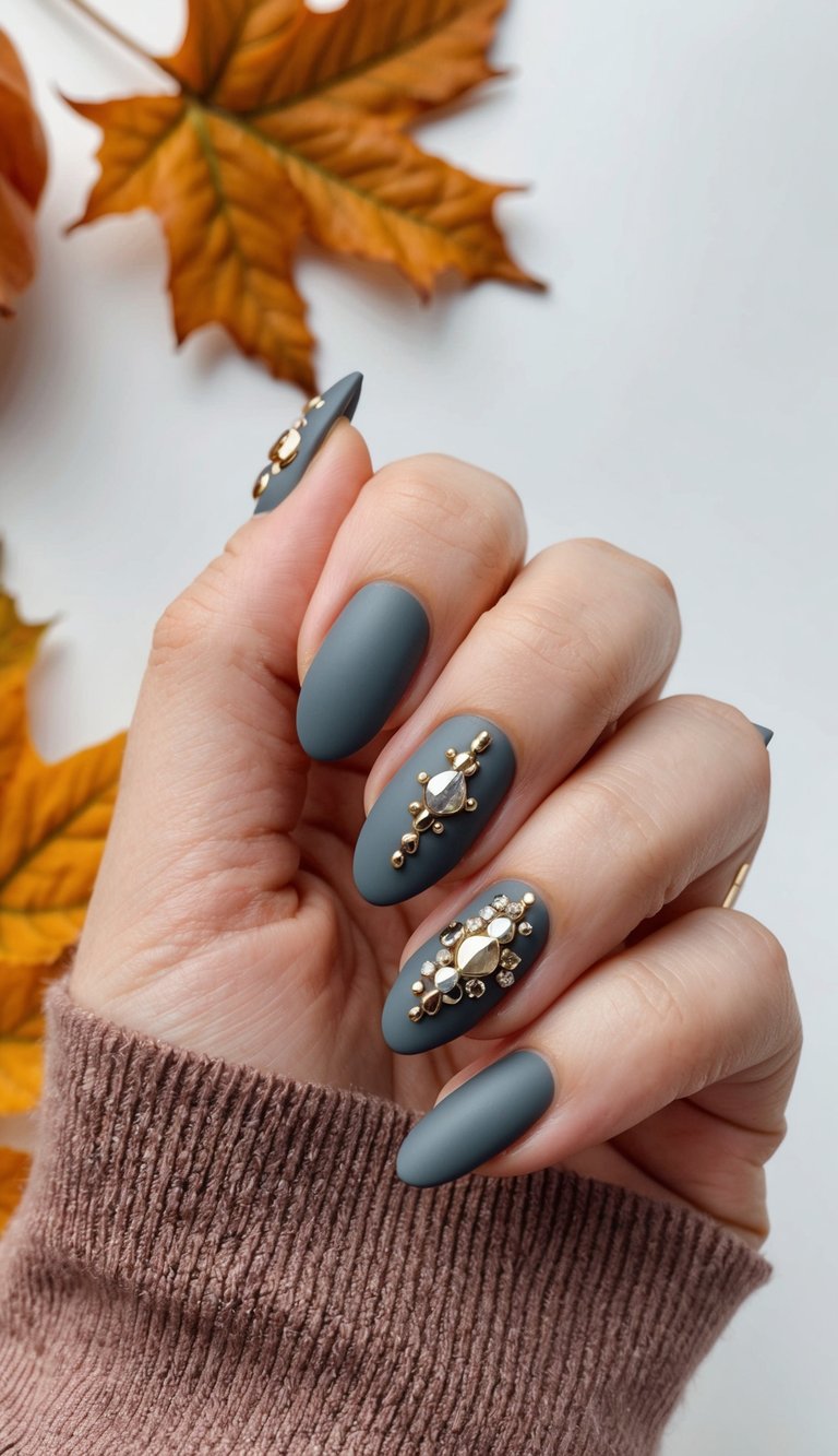 A slate gray nail with gold and silver embellishments against a fall-themed background