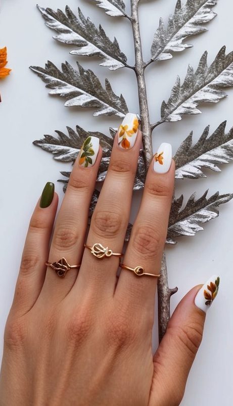 White and green nails with hand-painted autumn leaves in earthy tones, styled with delicate gold rings and a silver fern background.
