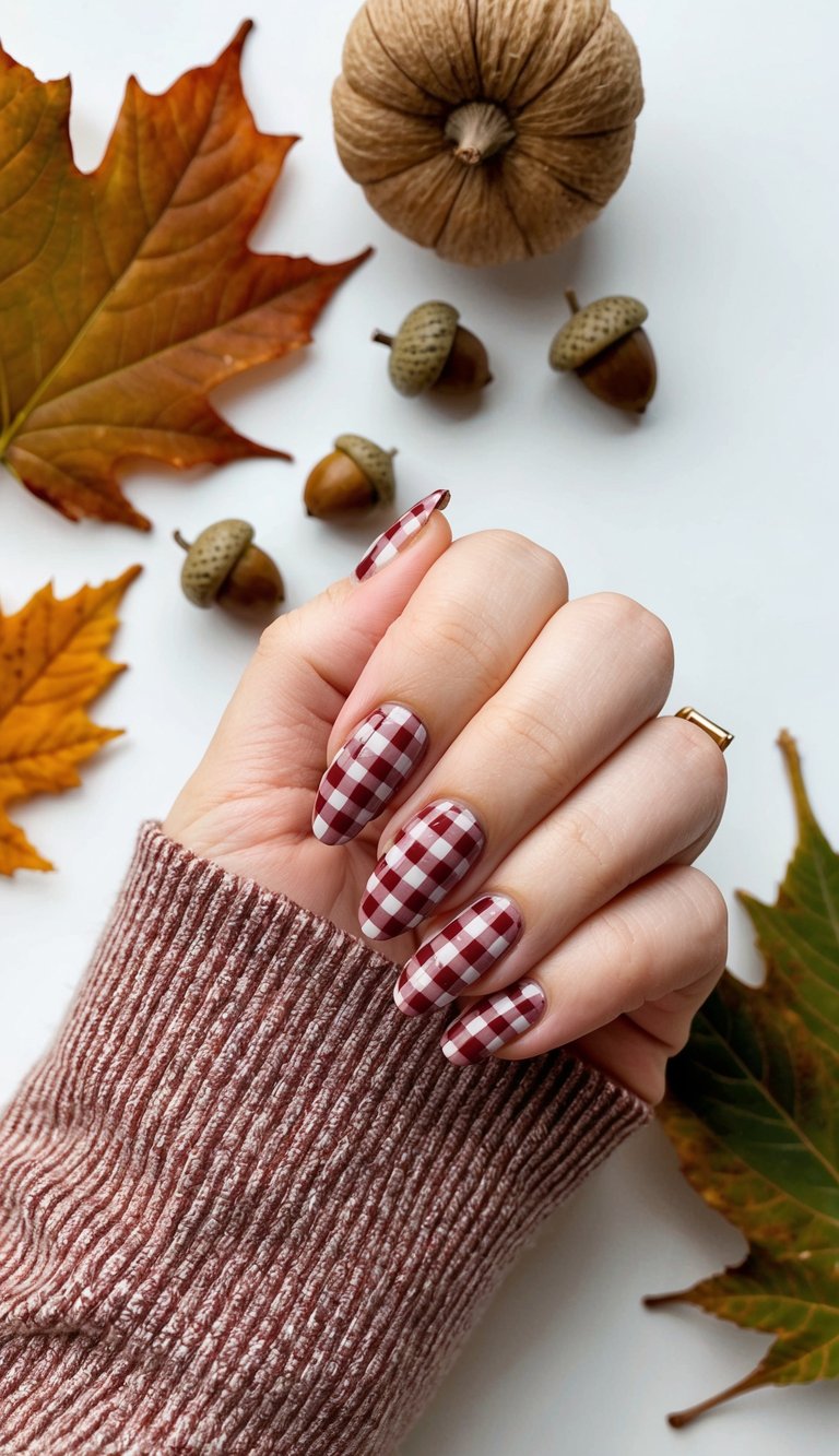 Maroon and cream gingham patterned nails styled with a ribbed sweater sleeve, surrounded by acorns and fall leaves for a cozy autumn feel.