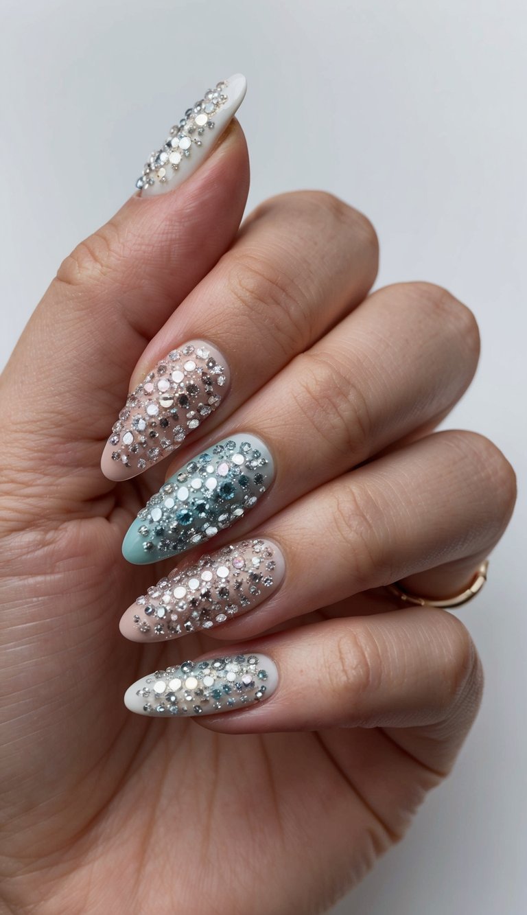 Almond-shaped nails featuring subtle pastel ombré bases with densely packed rhinestones, styled for a refined, sparkling September vibe.