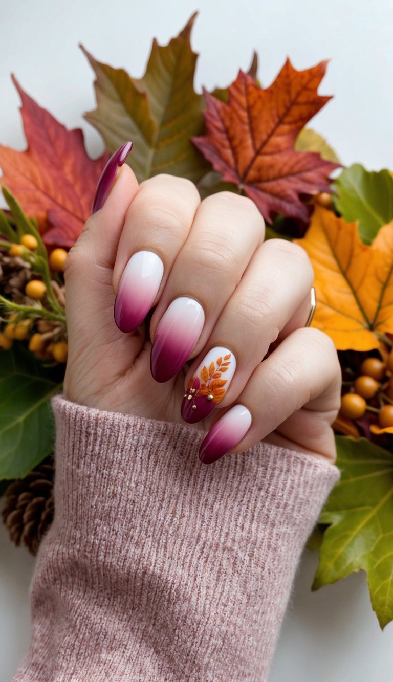 Almond nails with a burgundy-to-white ombré design and a detailed orange fall leaf accent, styled against colorful autumn foliage.