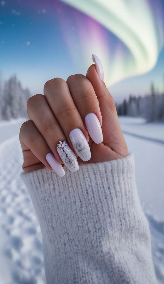 Light pastel nails with winter tree art and a jeweled snowflake, set against a snowy forest and glowing aurora sky.