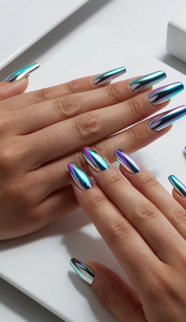 Chrome nails reflecting teal, purple, and silver tones in a seamless blend across long, glossy nail beds.