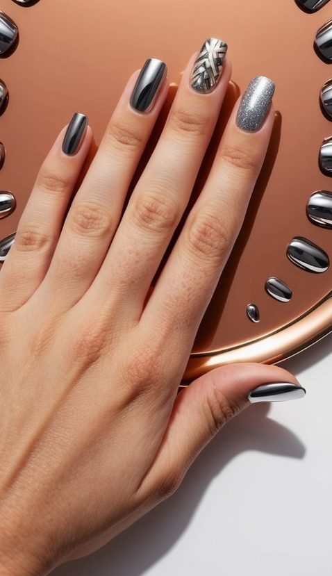 Hand with metallic nails featuring one silver textured accent nail rests on copper tray surrounded by matching chrome press-ons.