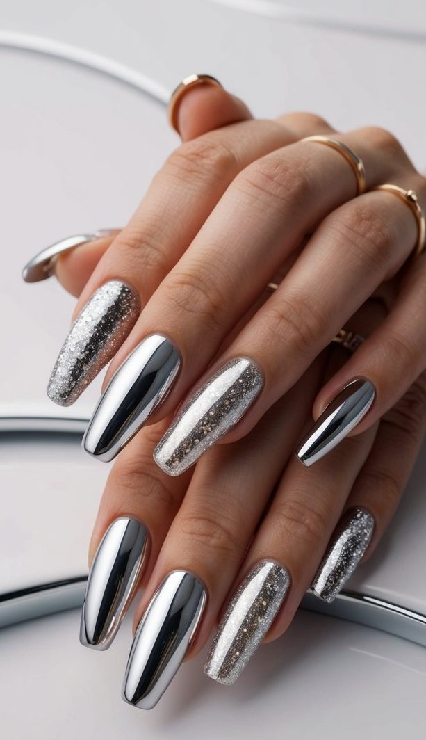 Hand showcasing coffin nails alternating between silver glitter and chrome finish set against white circular surface and cord.