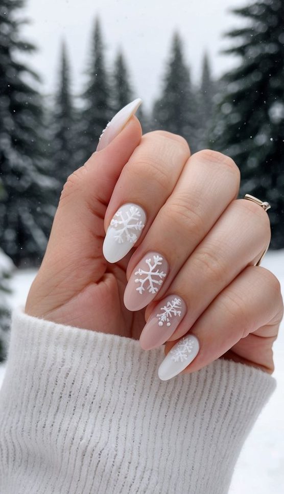 Nude and white nails featuring intricate white snowflake art—elegant and perfect for a classic January look.