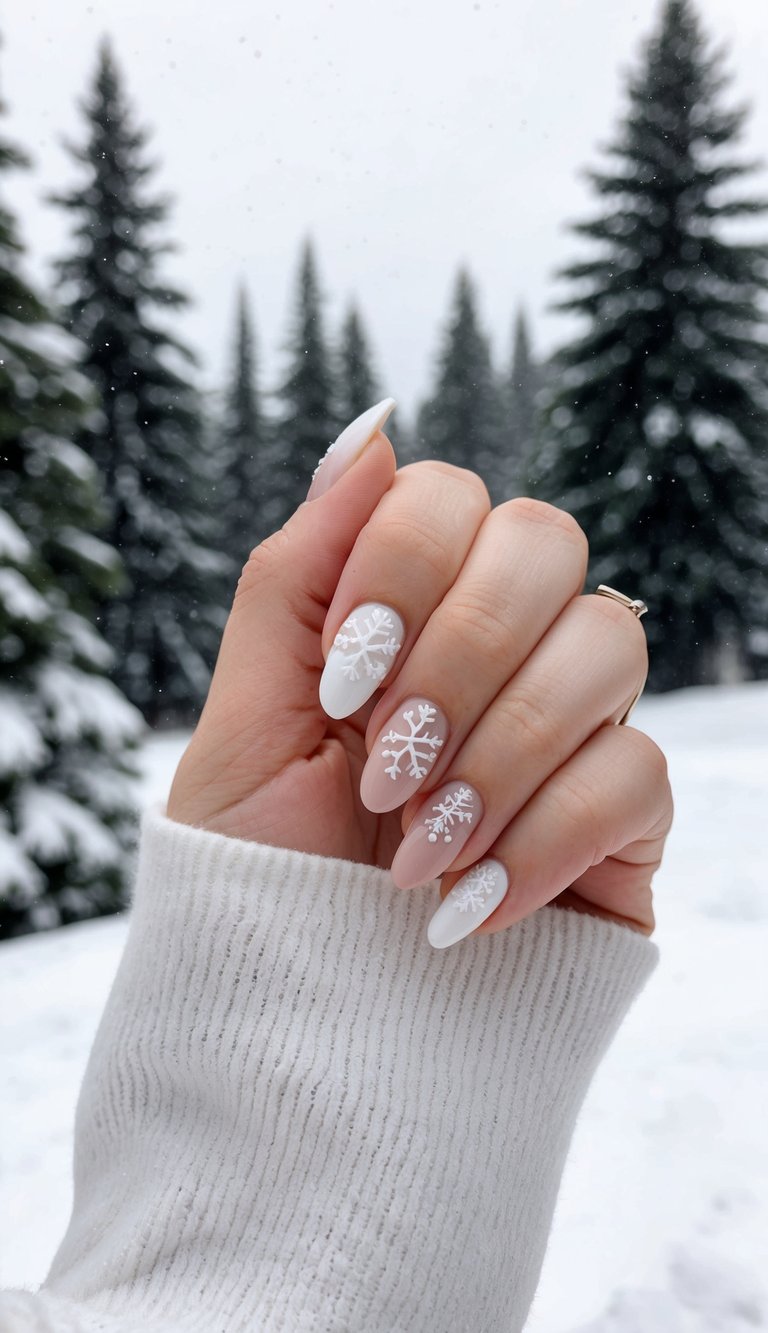 A cozy winter scene with snowflakes, pine trees, and hot cocoa mug