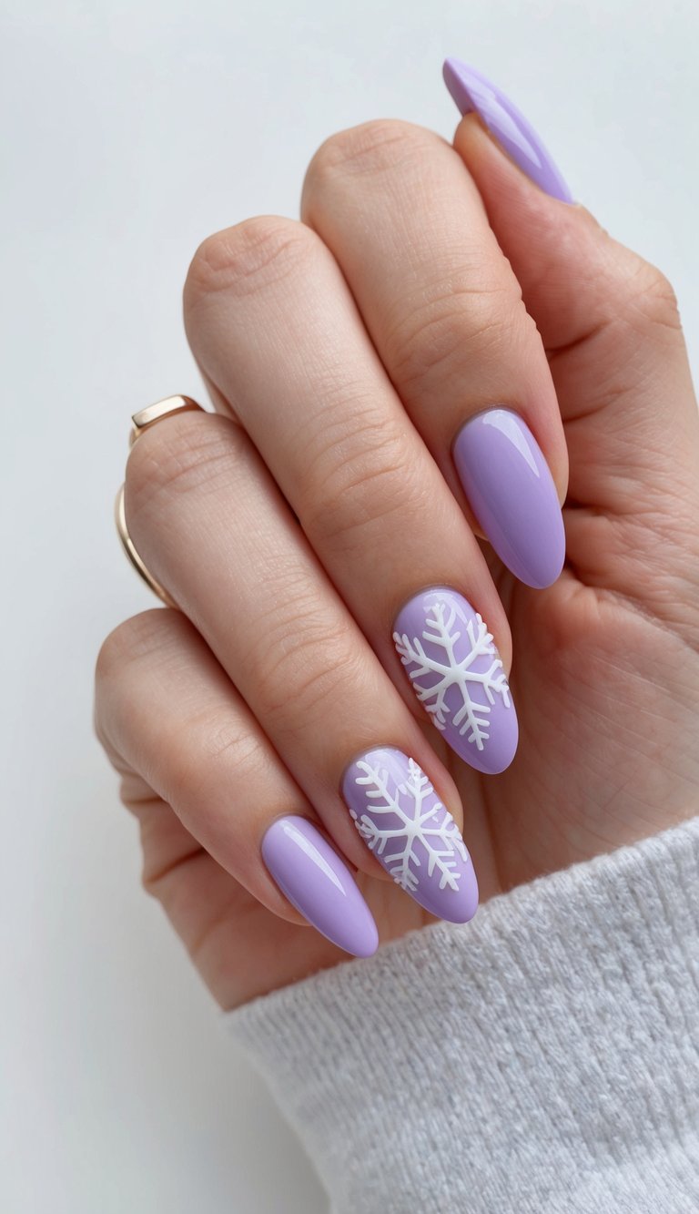Soft lavender nails with delicate white snowflakes for a calm, wintry January nail look.