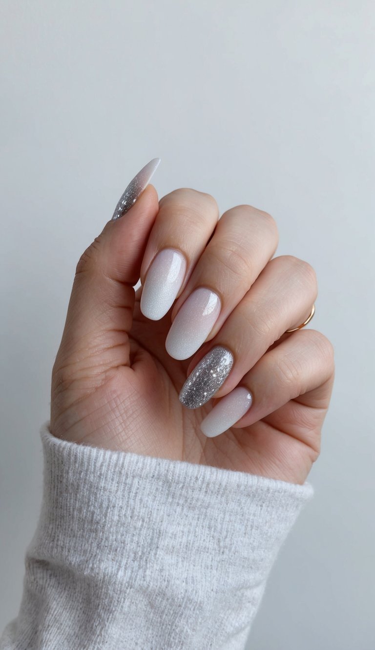 Soft gradient white nails accented with sparkling silver polish for a subtle, polished winter look.