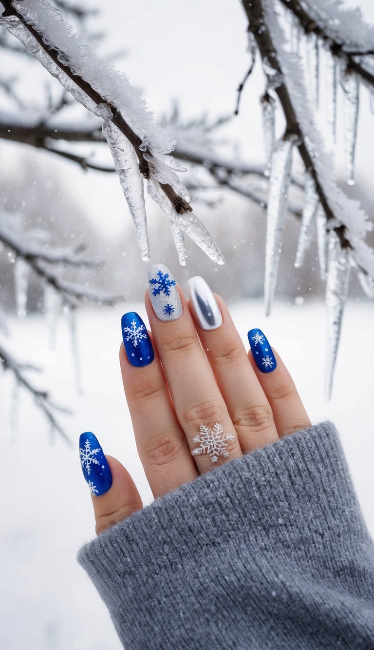 Blue nails with snowflake details and a chrome accent nail, capturing the icy essence of winter.