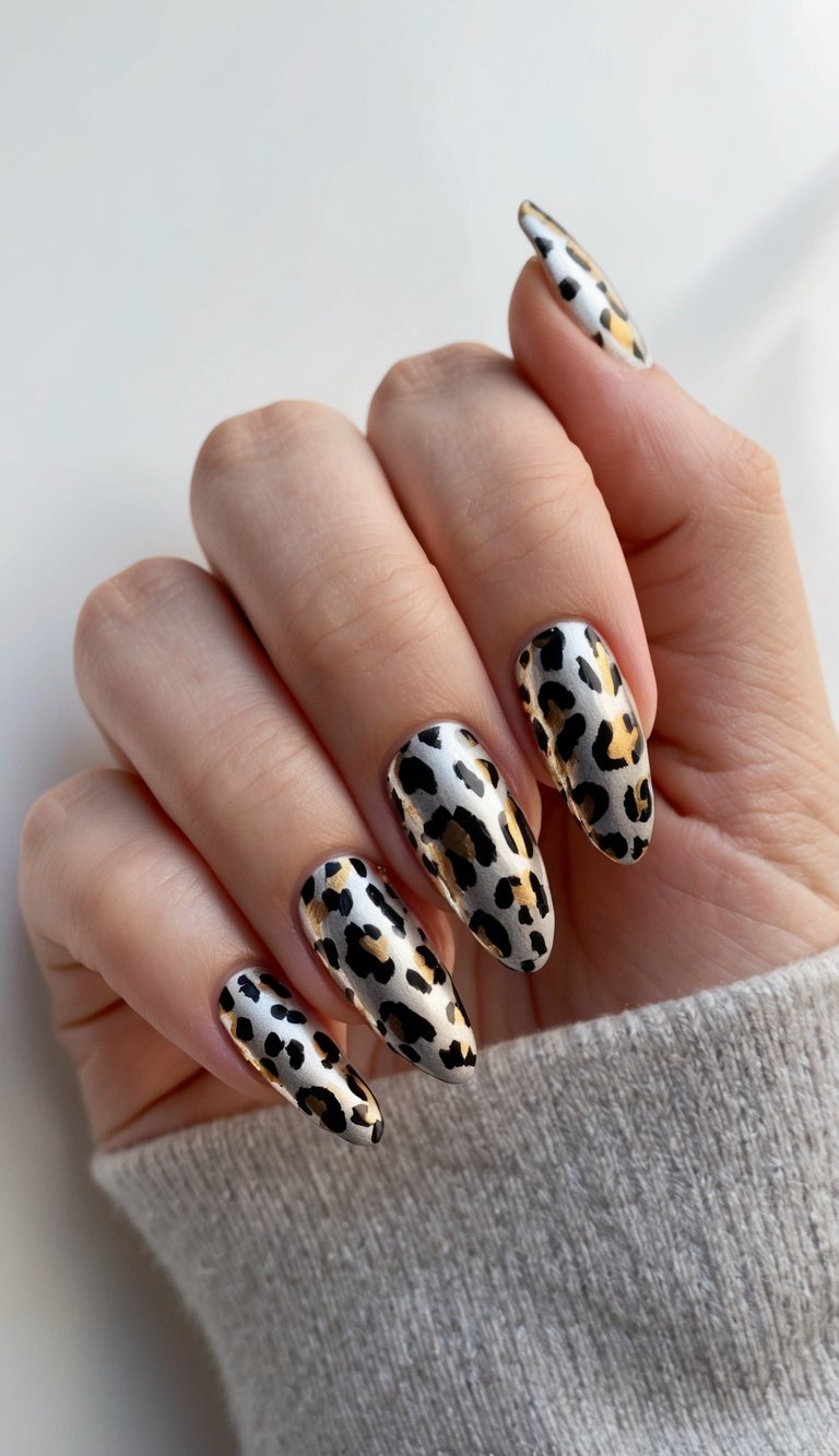 A sleek metallic leopard print nail design with a fresh January theme