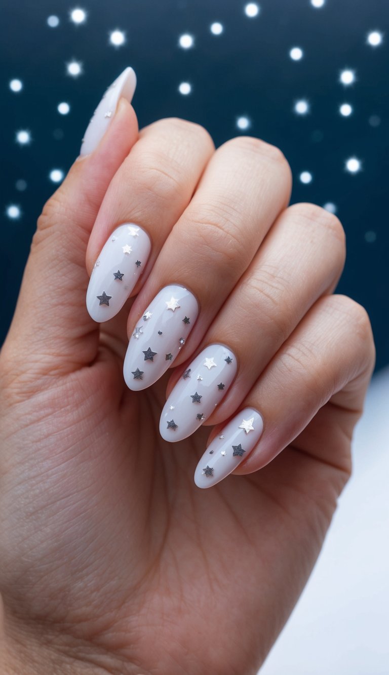 Sheer white nails with scattered silver stars, giving off a soft, dreamy celestial winter vibe.