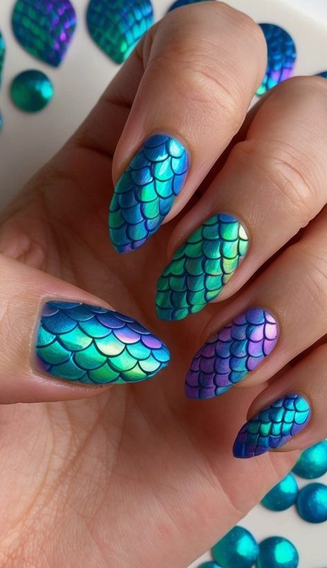 Color-shifting nails with mermaid scale patterns in blue, green, and purple—playful and perfect for January fantasy looks.