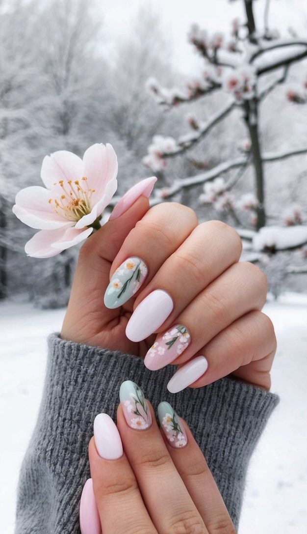 Pastel pink and sage nails with dainty white and peach floral designs, evoking early spring in a snowy January setting.