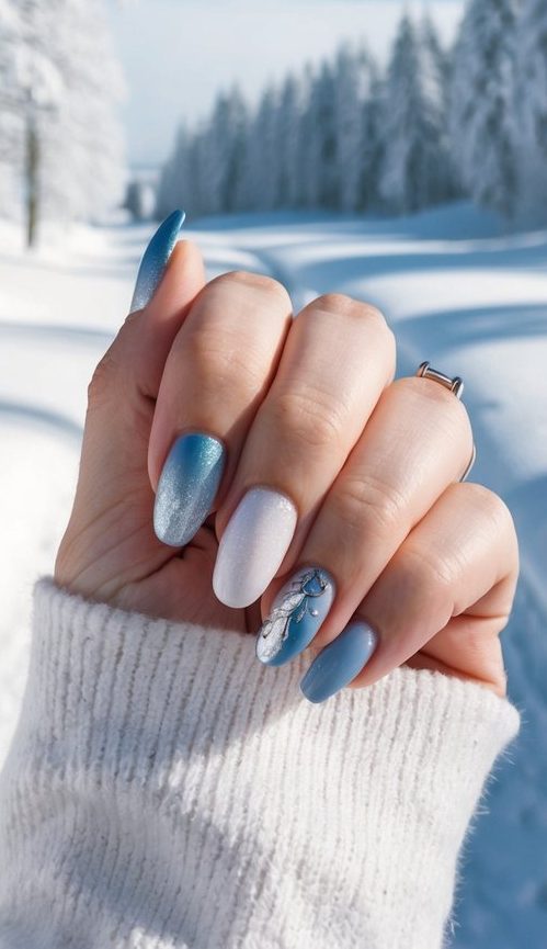 Blue and white winter nails with a soft feather detail, capturing the frosty elegance of January.