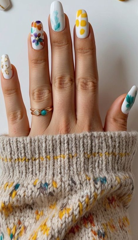 White nails with colorful hand-painted flowers and bold yellow dots, creating a playful contrast for January.