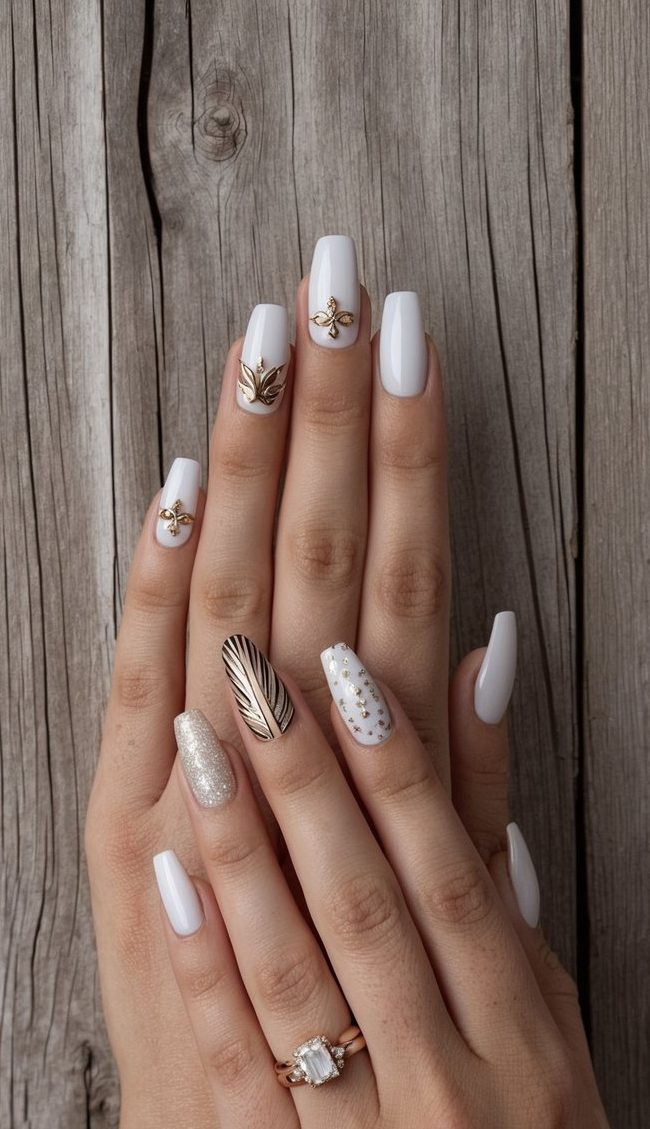 White nails with gold embellishments, glitter, and star accents—an elegant, winter-ready nail design.