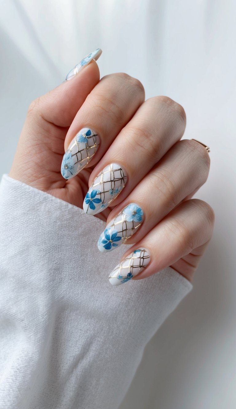 Blue flower nail art with a gold crisscross grid over a neutral base, offering a refined winter manicure.