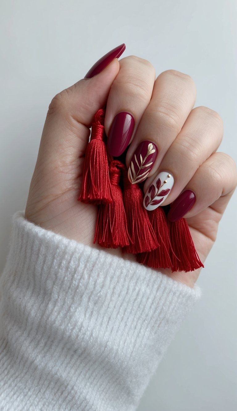 Burgundy and white nails featuring gold and red leaf art, ideal for a refined winter nail look.