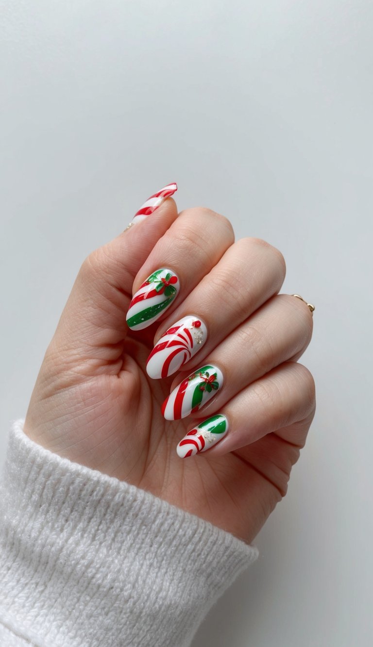 A festive nail art design with candy cane swirls and holiday motifs