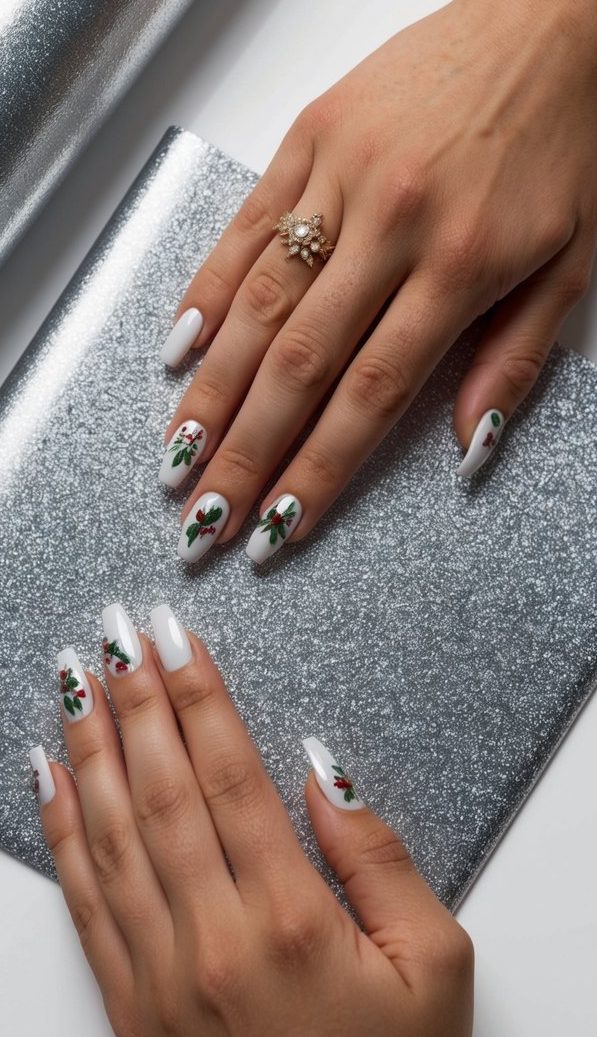 White holiday nails with detailed red berry and green holly leaf art, perfect for classic seasonal nail designs with a crisp and elegant twist.