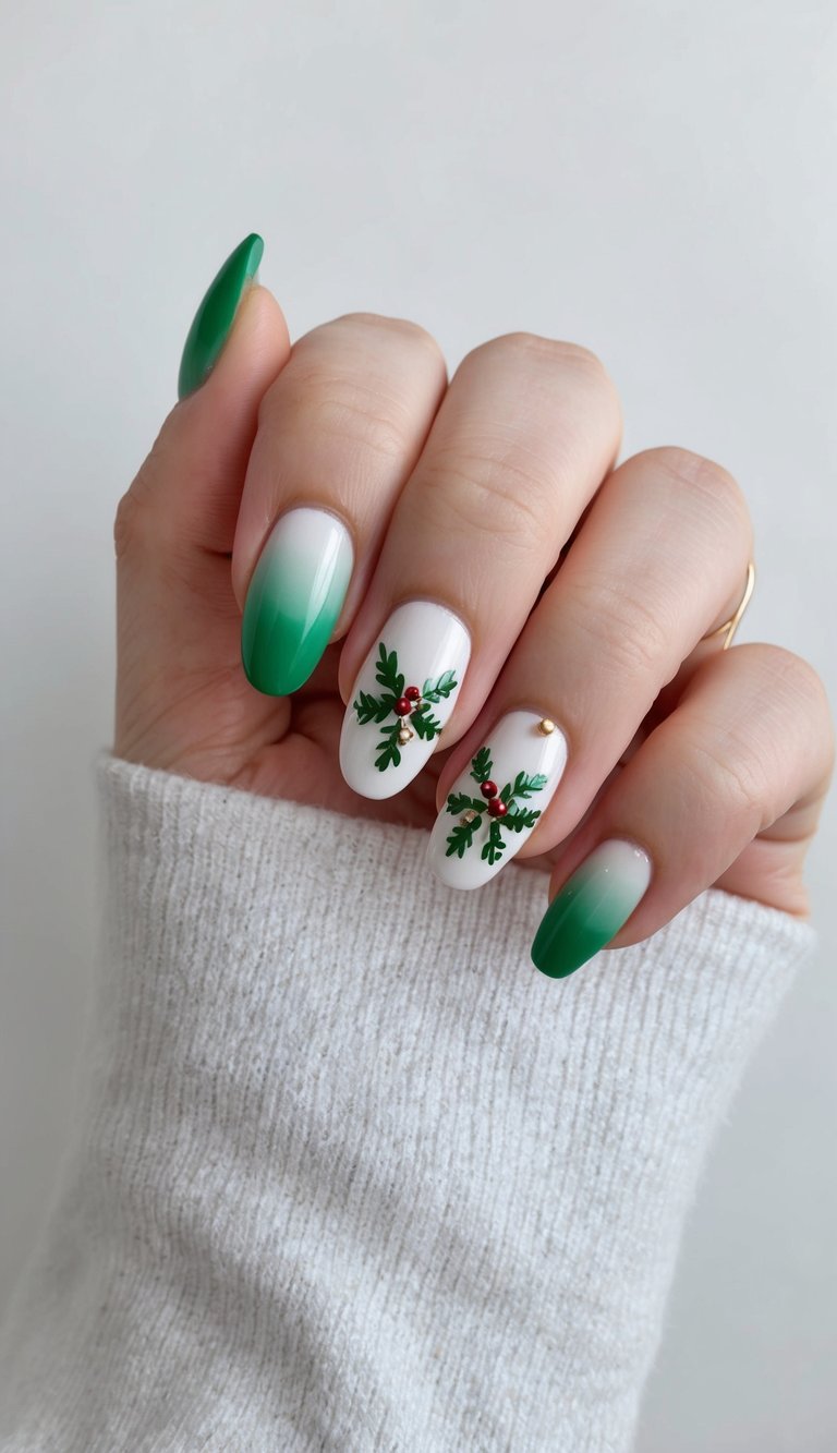 Gradient green-to-white holiday nails decorated with cute holly leaves and tiny red berries, paired with festive gold studs for a fun seasonal vibe.