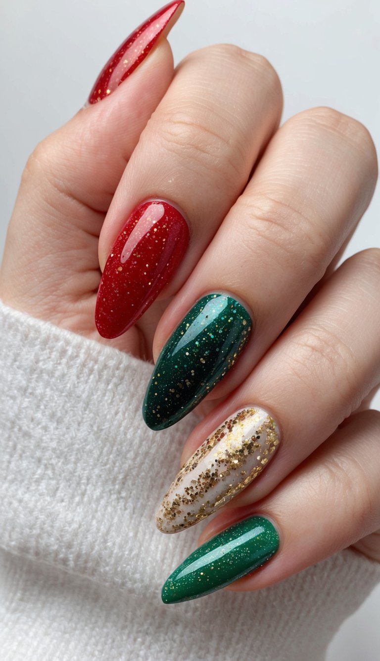 Glossy almond-shaped nails in festive red and green with gold glitter and a marble-accented ring finger, perfect for elegant holiday nail art ideas.