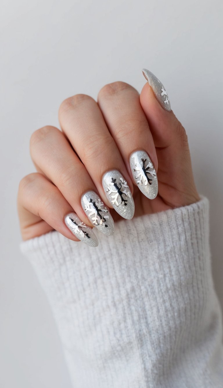 Sparkly silver holiday nails featuring delicate white and black snowflake art on almond-shaped tips, styled with a cozy winter vibe.