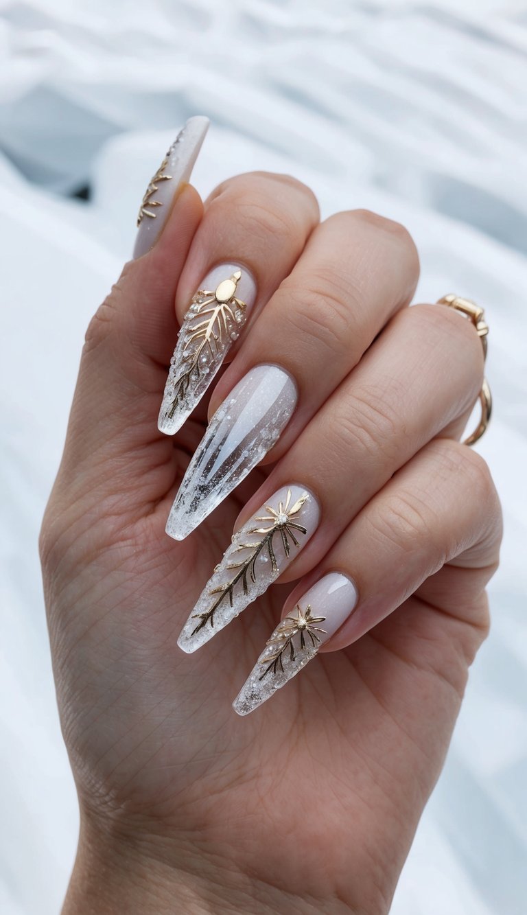 Icy white glitter nails with golden botanical details and small pearls, styled for a romantic holiday manicure.