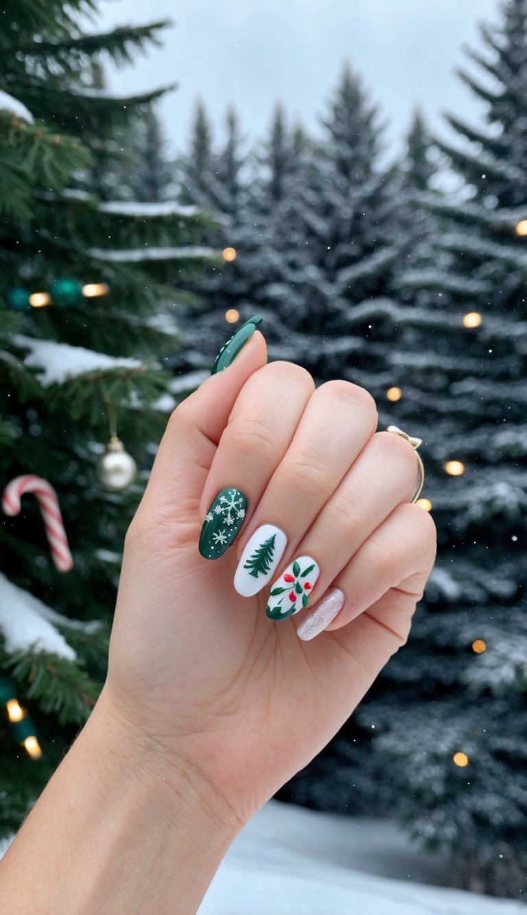 Holiday nail design with green and white base featuring snowflakes, holly, Christmas trees, and a silver accent nail.