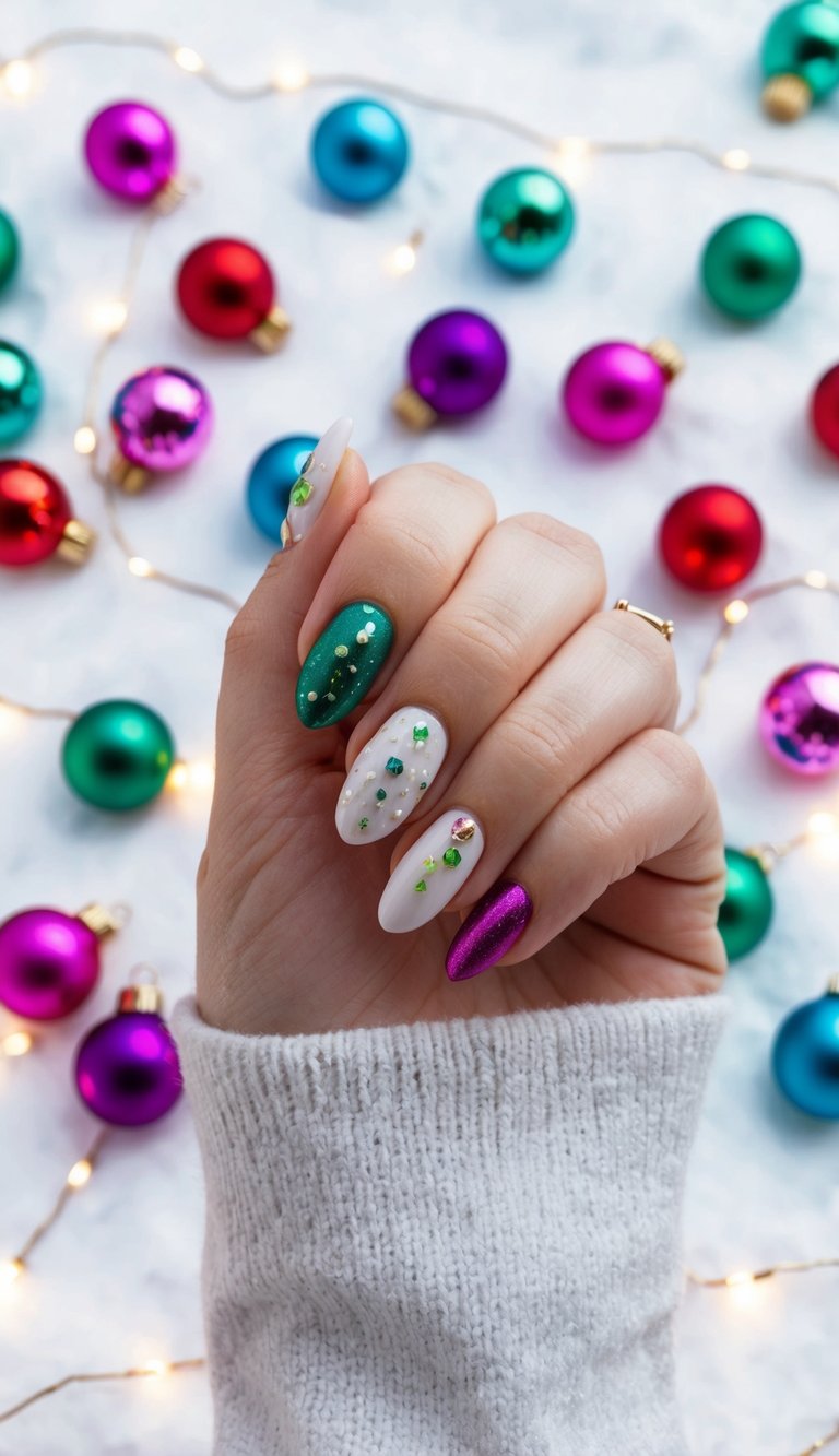 Close-up of festive nails with jewel-toned polish and colorful gems on white, green, and magenta holiday nail design.