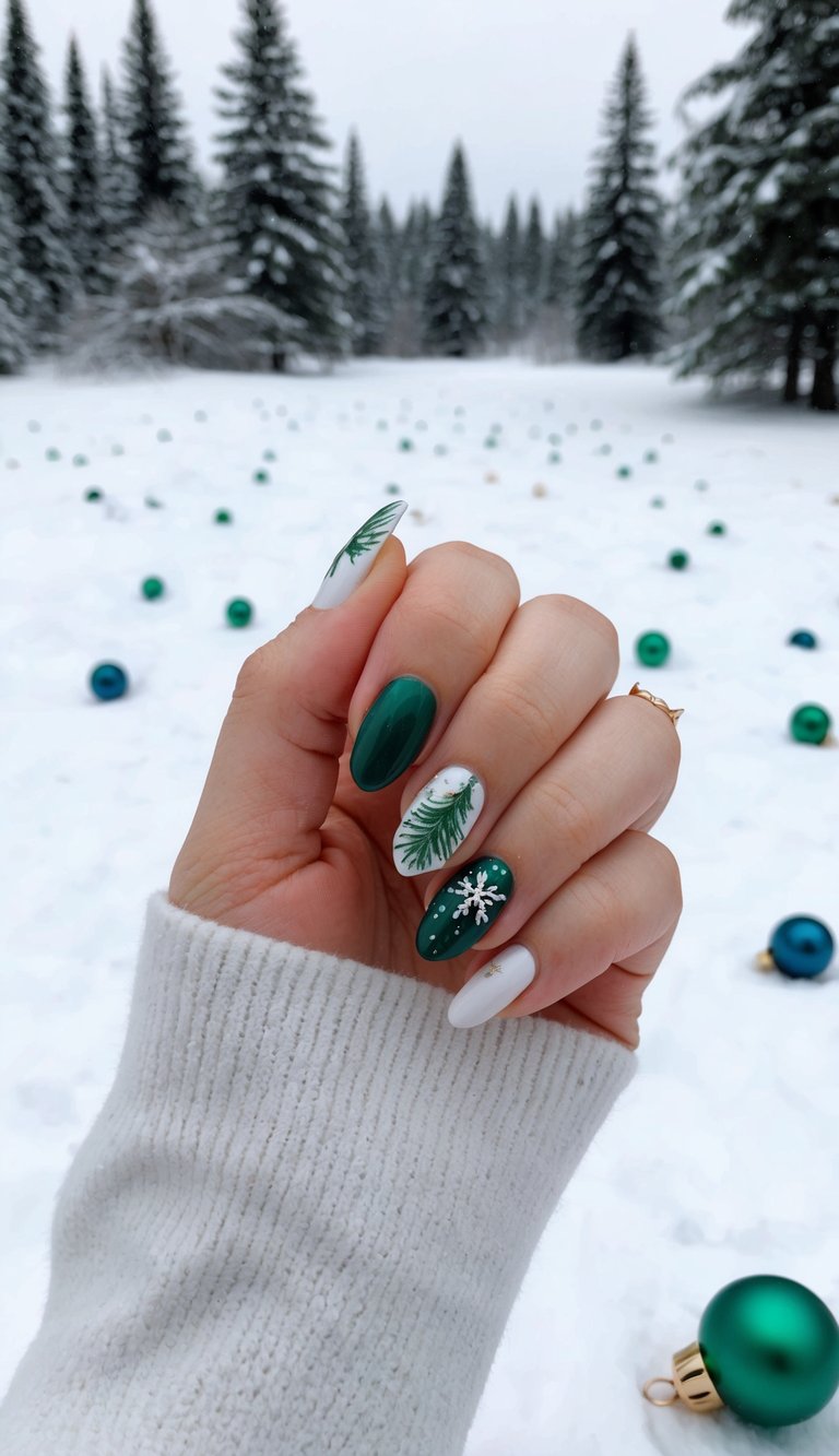 Holiday nails with green and white polish, snowflakes, and pine branch accents, styled against a snowy background.