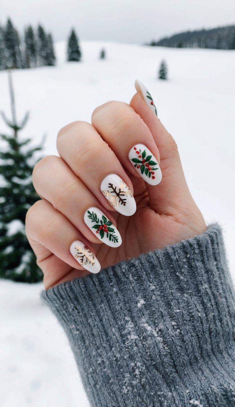 White nails featuring gold snowflakes and painted holly leaves, styled for a refined holiday nail art idea against a snowy background.