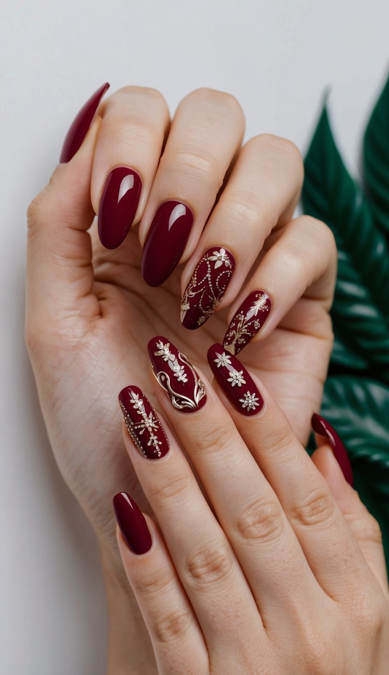 Classic holiday nail art in deep crimson with vintage-style gold detailing and starry floral accents for a timeless seasonal look.