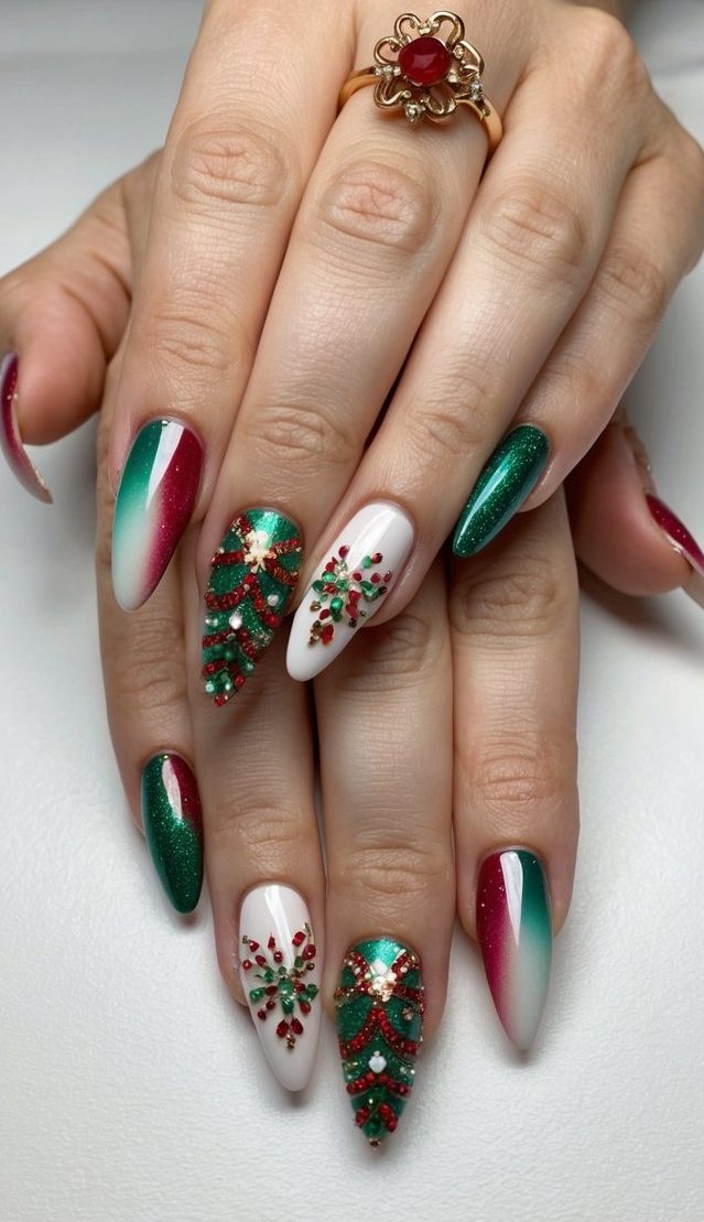 Intricate Christmas tree and ribbon nail designs with glitter green, red accents, and 3D embellishments for playful holiday nail art.