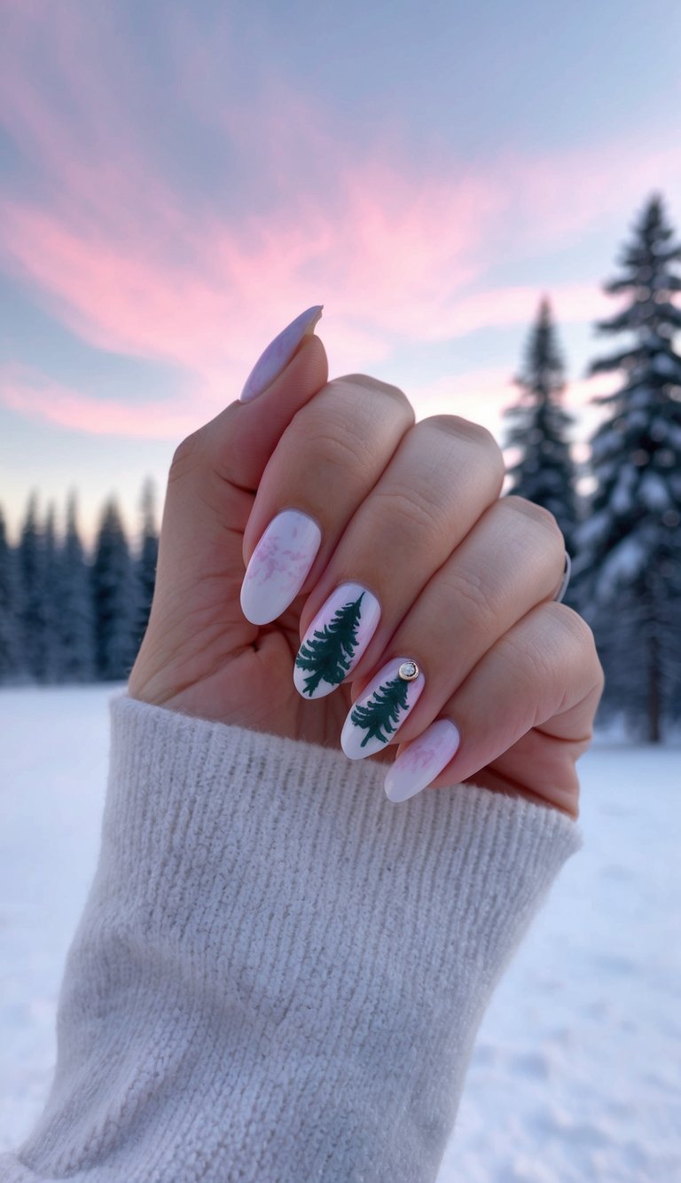 Holiday nail design with white matte polish, pink marble accents, and pine tree art inspired by snowy forest landscapes.