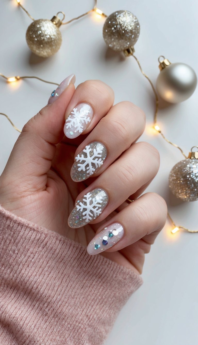 Fashionable holiday nails with white snowflake art over silver glitter base and jewel-toned gems for a stylish seasonal look.