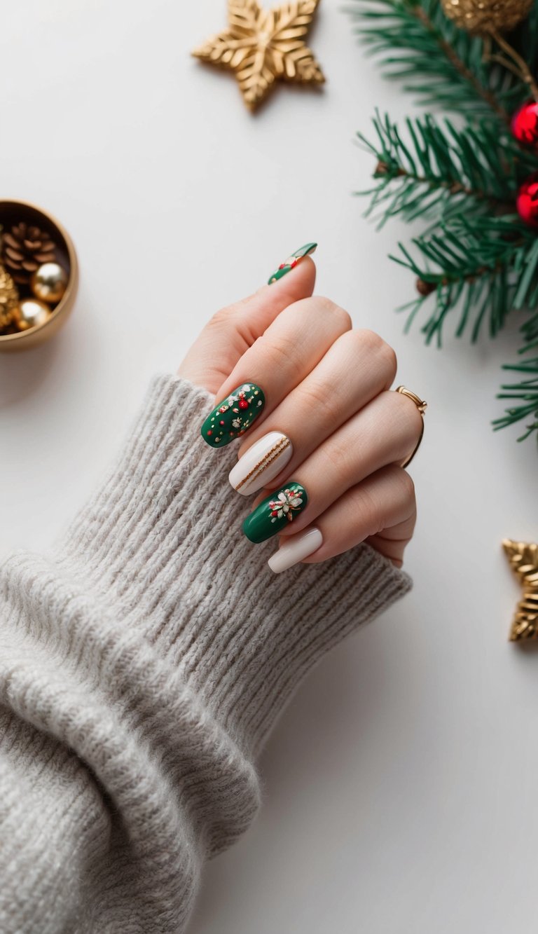 Holiday-inspired manicure with matte green polish, golden stripes, and miniature snowflakes, surrounded by ornaments and pine branches.