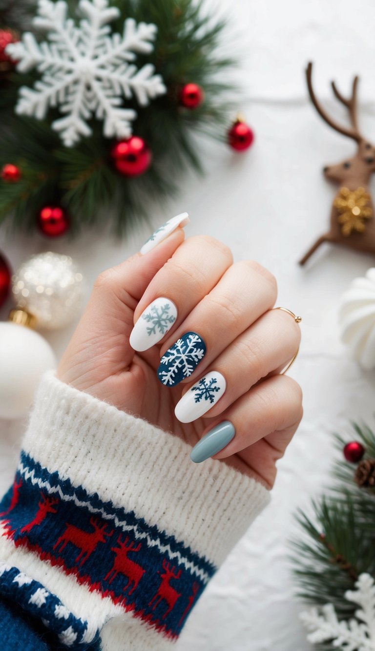 Clean and modern holiday nails with subtle snowflakes on white and blue polish, shown with a cozy reindeer sweater and pine decor.