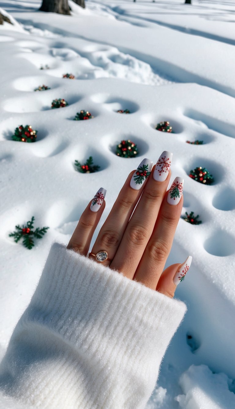 Delicate holiday nail art on a matte white base with red snowflakes and hand-painted holly sprigs, resting above a snow-covered background.