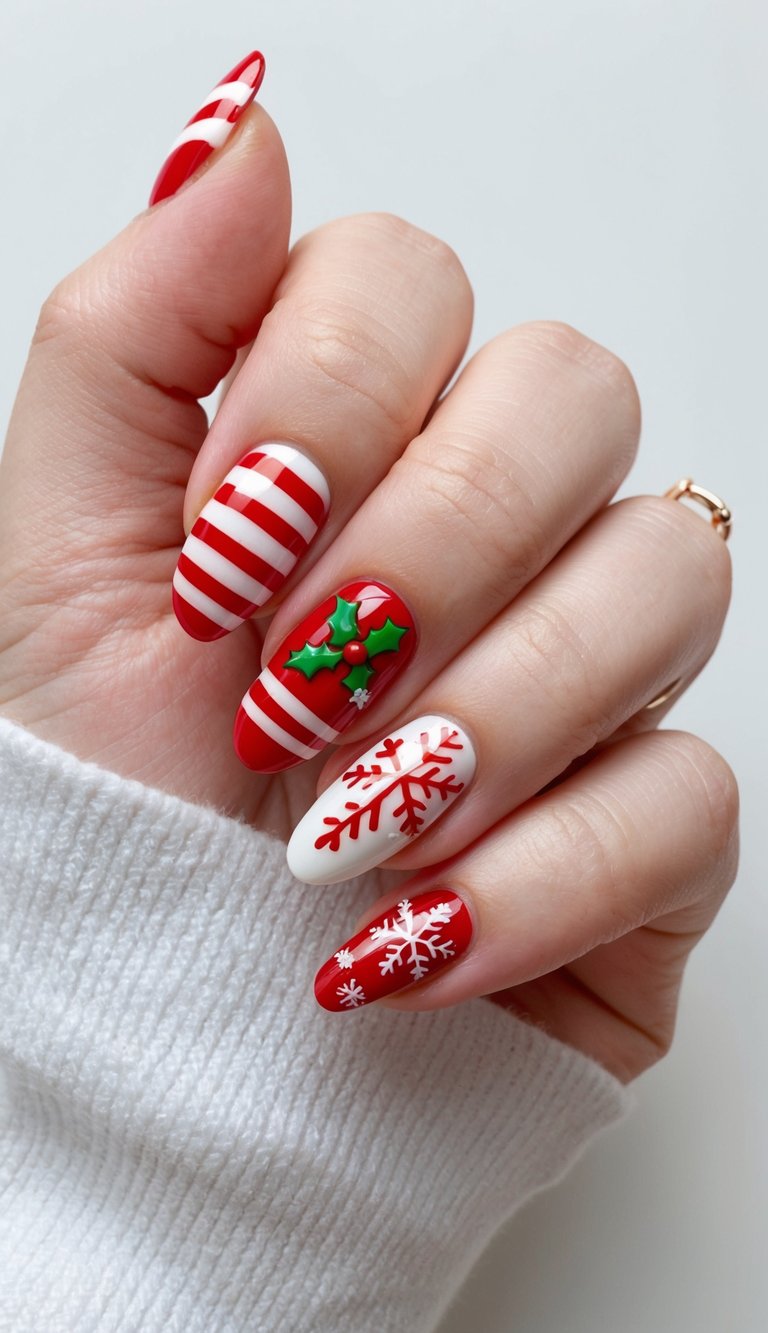 Red and white striped nails featuring 3D holly leaves and festive snowflake accents, perfect for a playful holiday nail design.