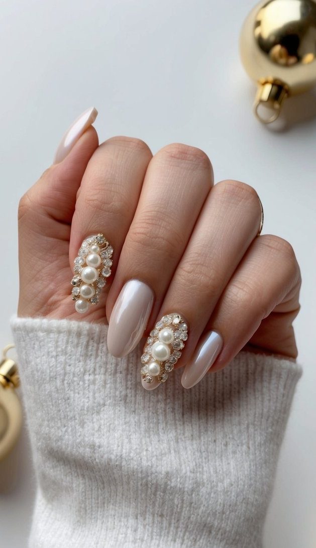 Nude almond nails adorned with layered pearls and shimmering crystals, ideal for soft glam holiday or bridal looks.