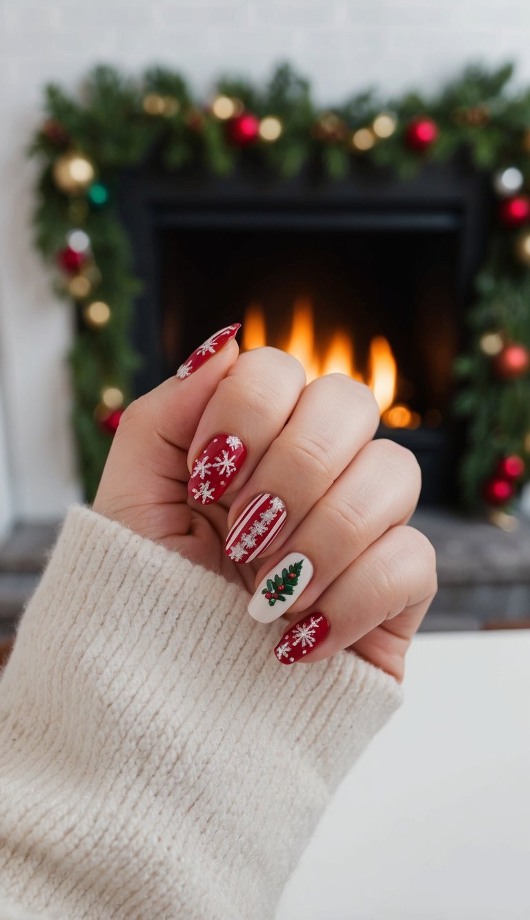 Bold red and cream nails with holiday designs including glitter snowflakes and candy cane stripes, styled for a nostalgic Christmas look.