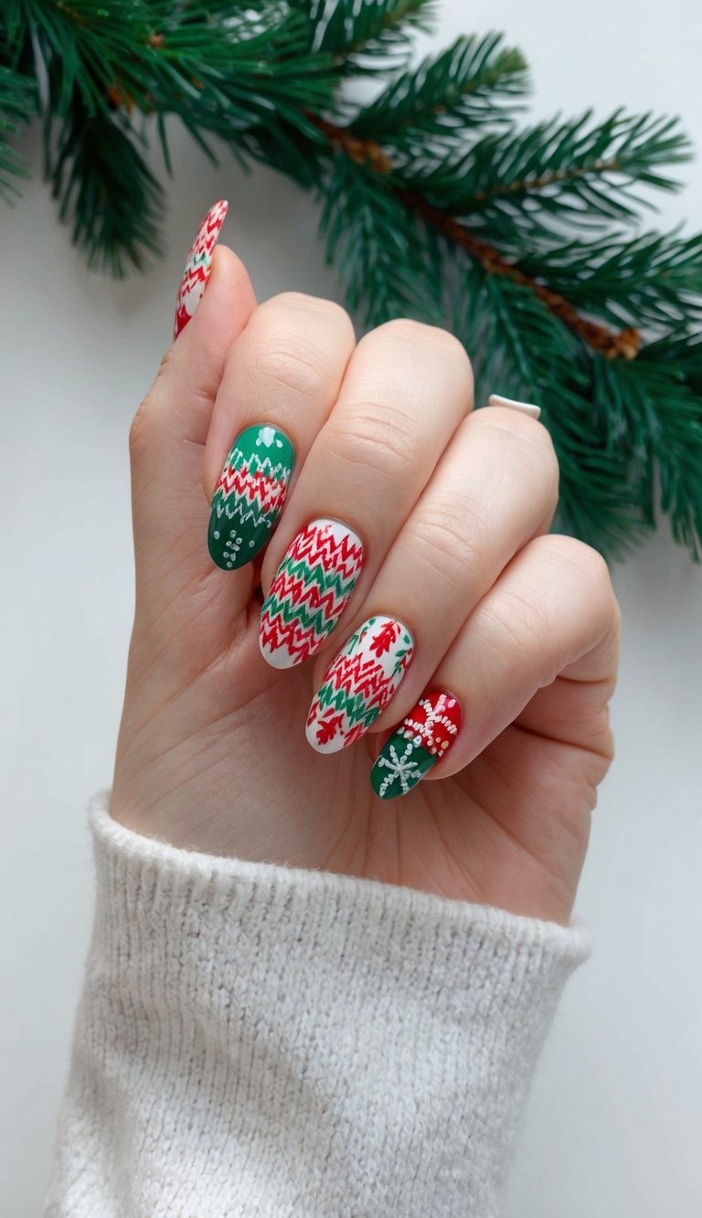Festive knit-inspired nails with red, green, and white zig-zag patterns and tiny snowflakes on a cozy winter hand.