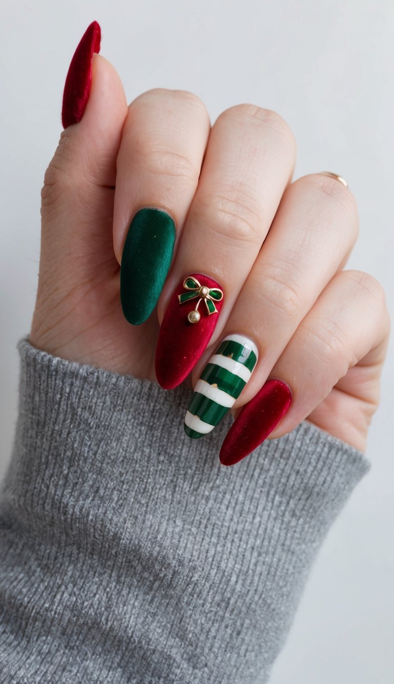 Velvety red and green nails with glossy striped accent and festive gold bow charm, styled for a Christmas-inspired manicure.