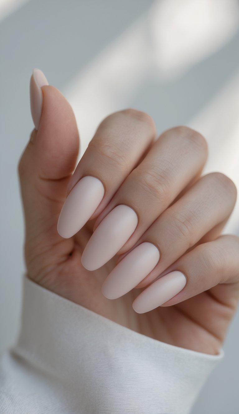 Close-up of one hand with neatly manicured plain nails against a white background.
