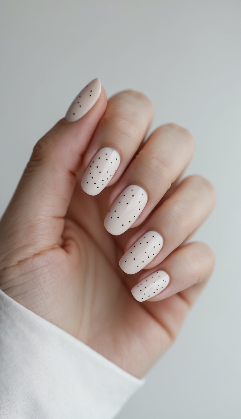 Cream-toned nails with tiny black dots in even rows, offering a modern twist on plain nail art with subtle contrast.