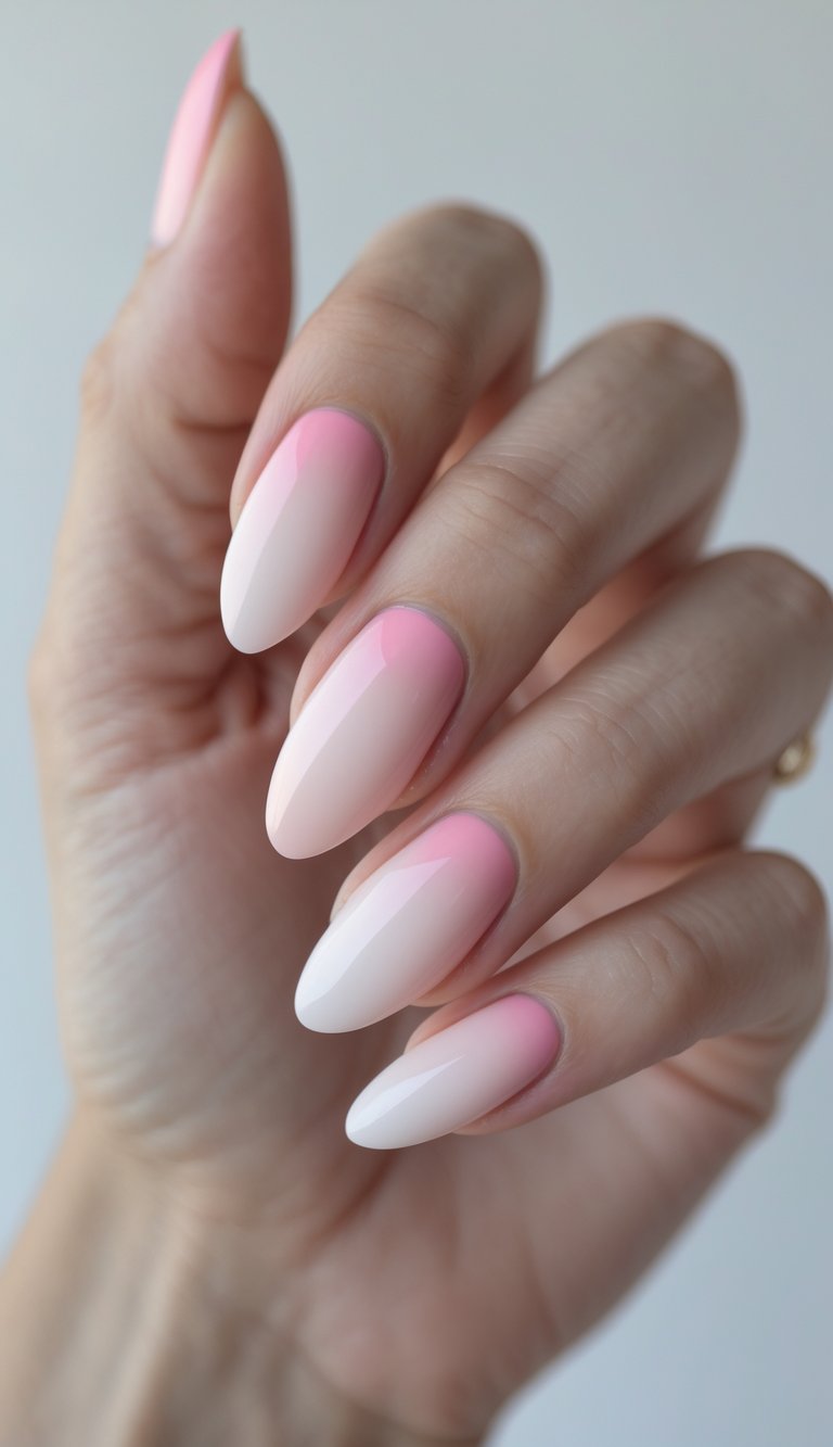 Soft ombré nails with pale pink melting into white, offering a sleek and fresh plain nail art design.