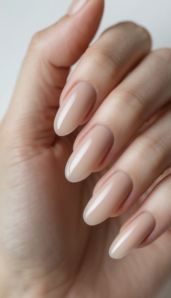Close-up of one hand with neatly manicured sheer beige shiny nails against a white background.