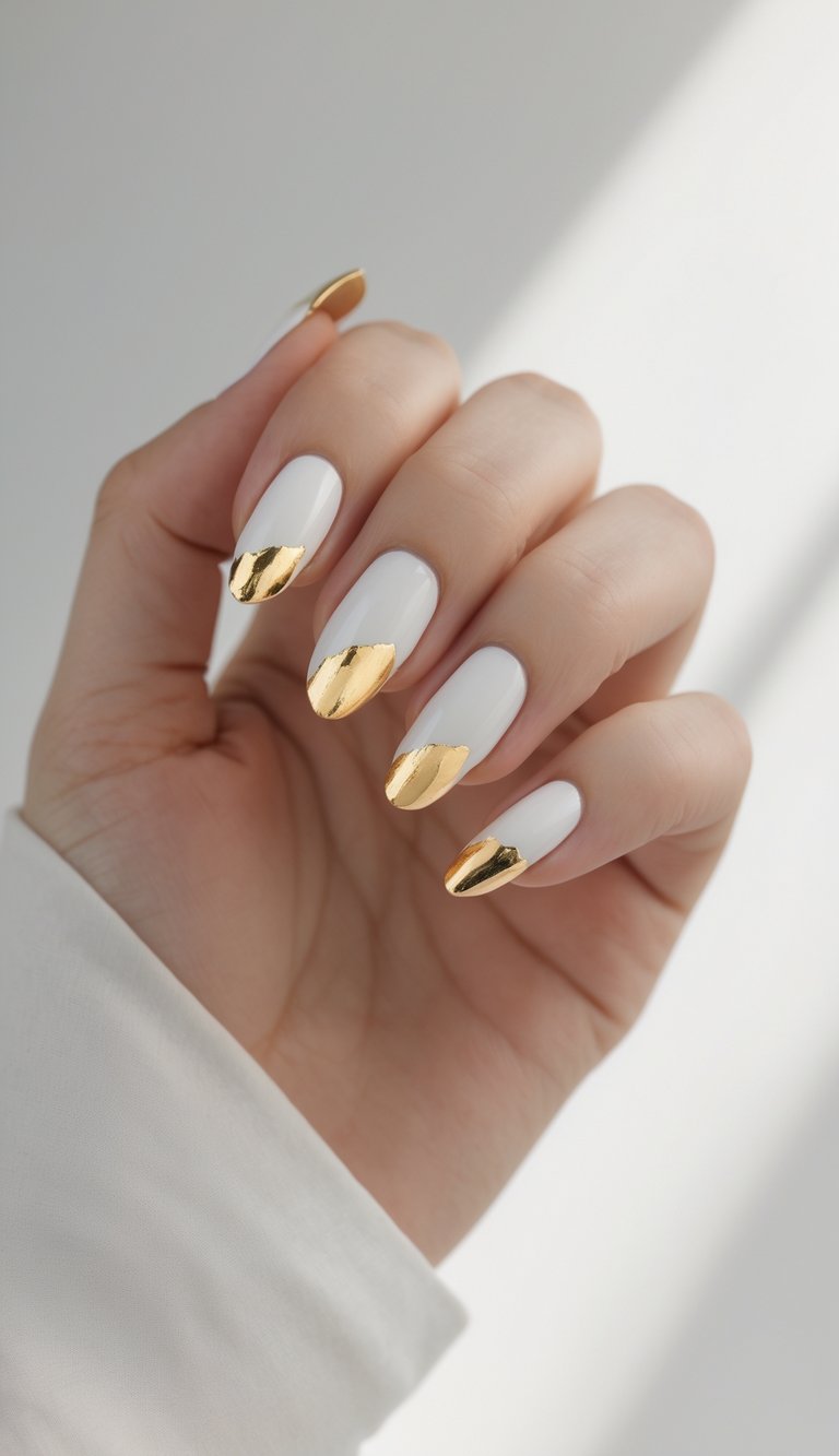 White nails with bold gold foil tips, combining minimalist polish with a luxe finish for a modern plain nail art look.